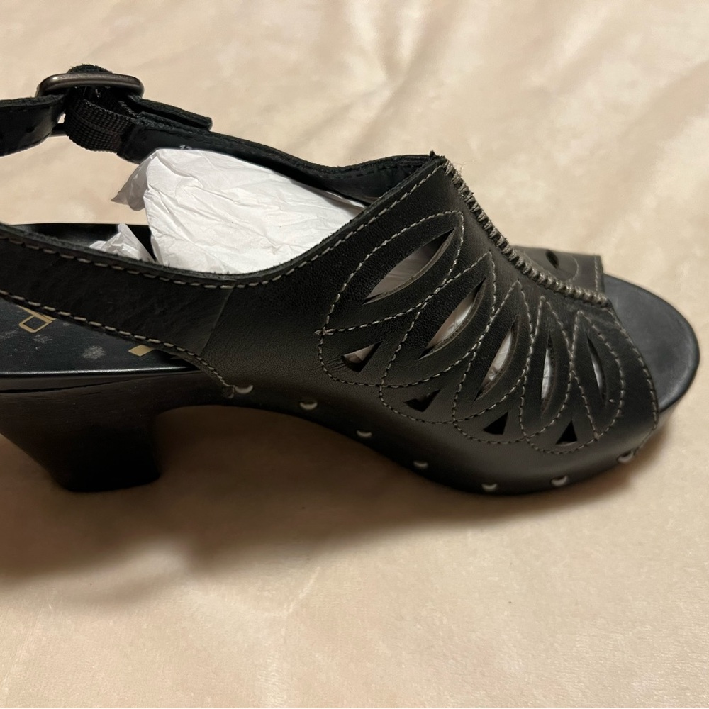 Dansko Black Sandals with Chunky Heel and Woven Design from the Walking Shoe Co.